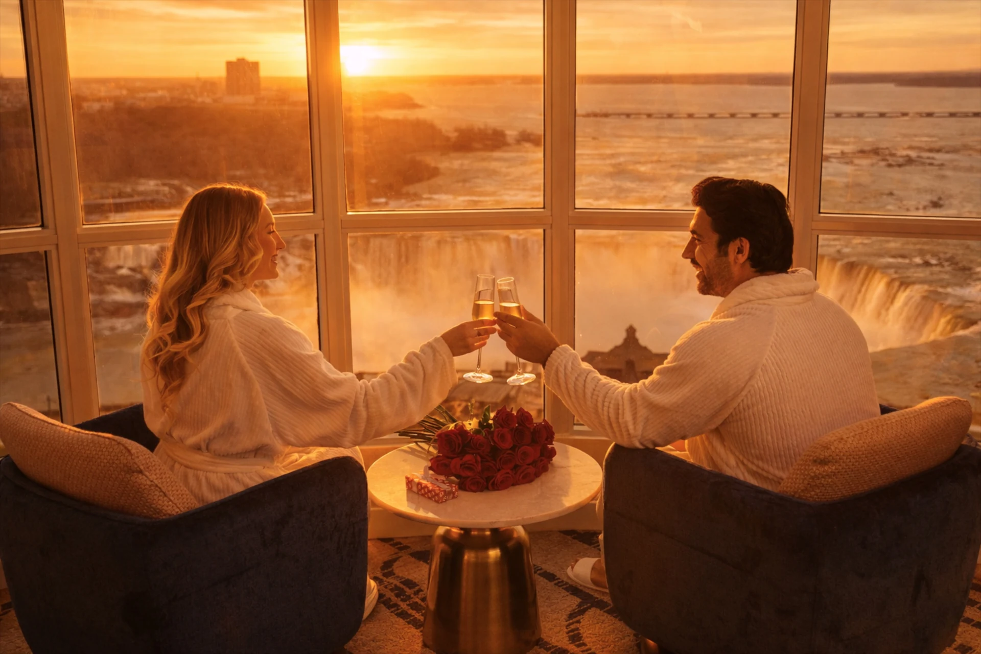A couple in white robes seated in navy chairs, toasting champagne over a table of red roses as the sun sets over the Horseshoe Falls beyond the panoramic Fallsview windows
