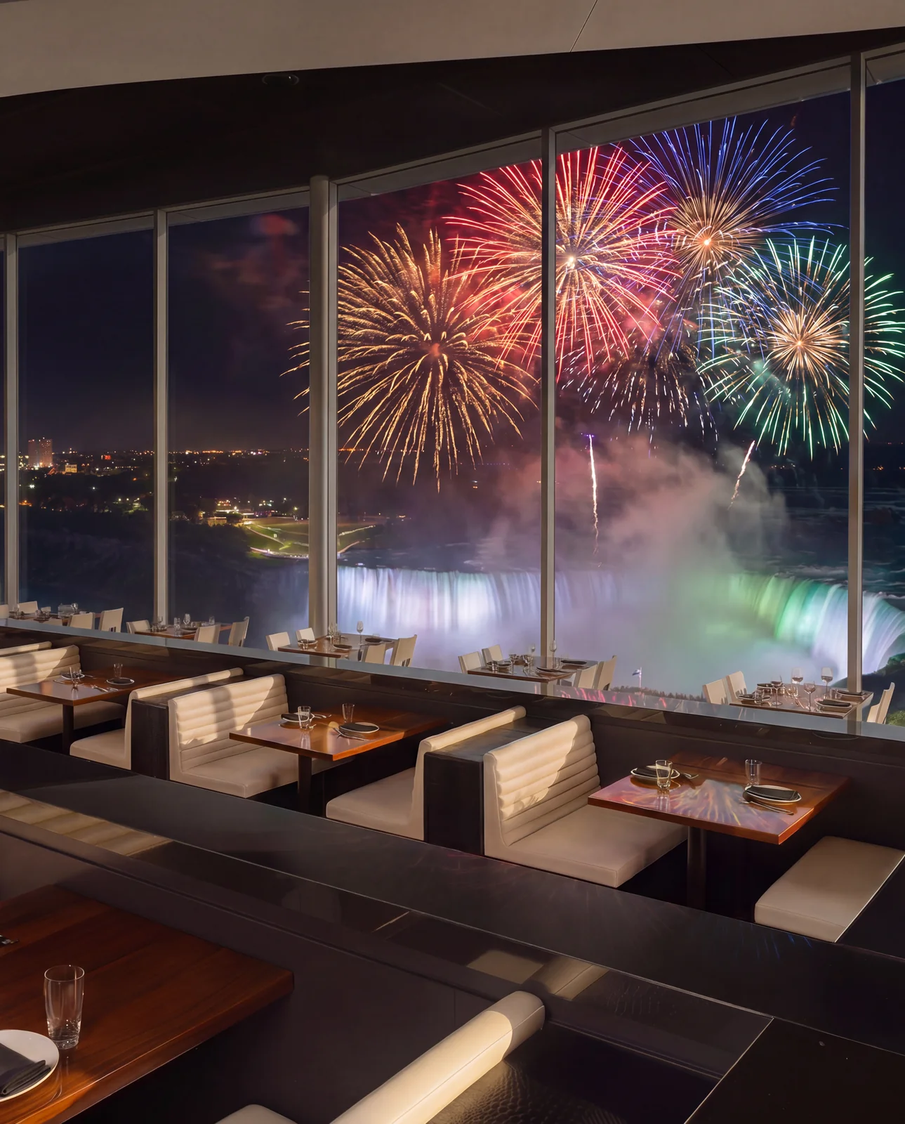 Multi-colour fireworks bursting above the illuminated Horseshoe Falls, seen through the panoramic windows over the STK Niagara Falls booth seating