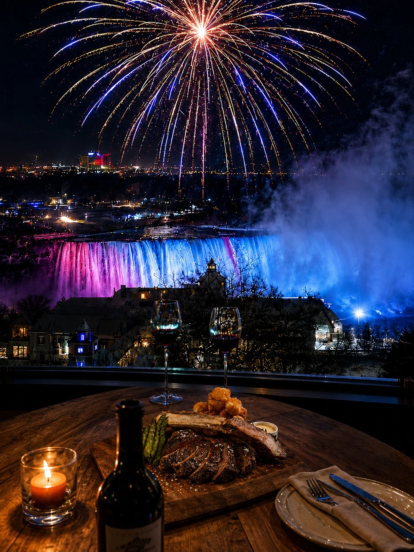 A bone-in steak, wine, and candlelit table with fireworks bursting over the pink-and-blue illuminated Niagara Falls in the background