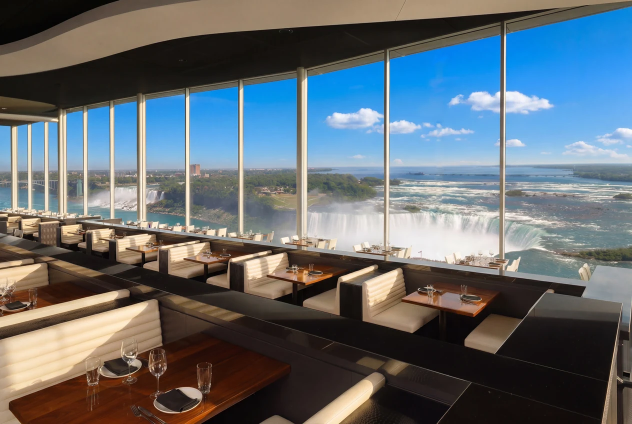 The STK Niagara Falls dining room in daylight with white booth seating framing panoramic windows that overlook the American Falls and Horseshoe Falls under a clear blue sky