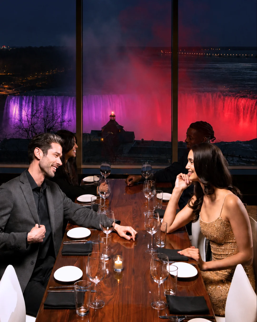 Two couples dining at STK Niagara Falls window-side table with the purple and red illuminated Falls behind them