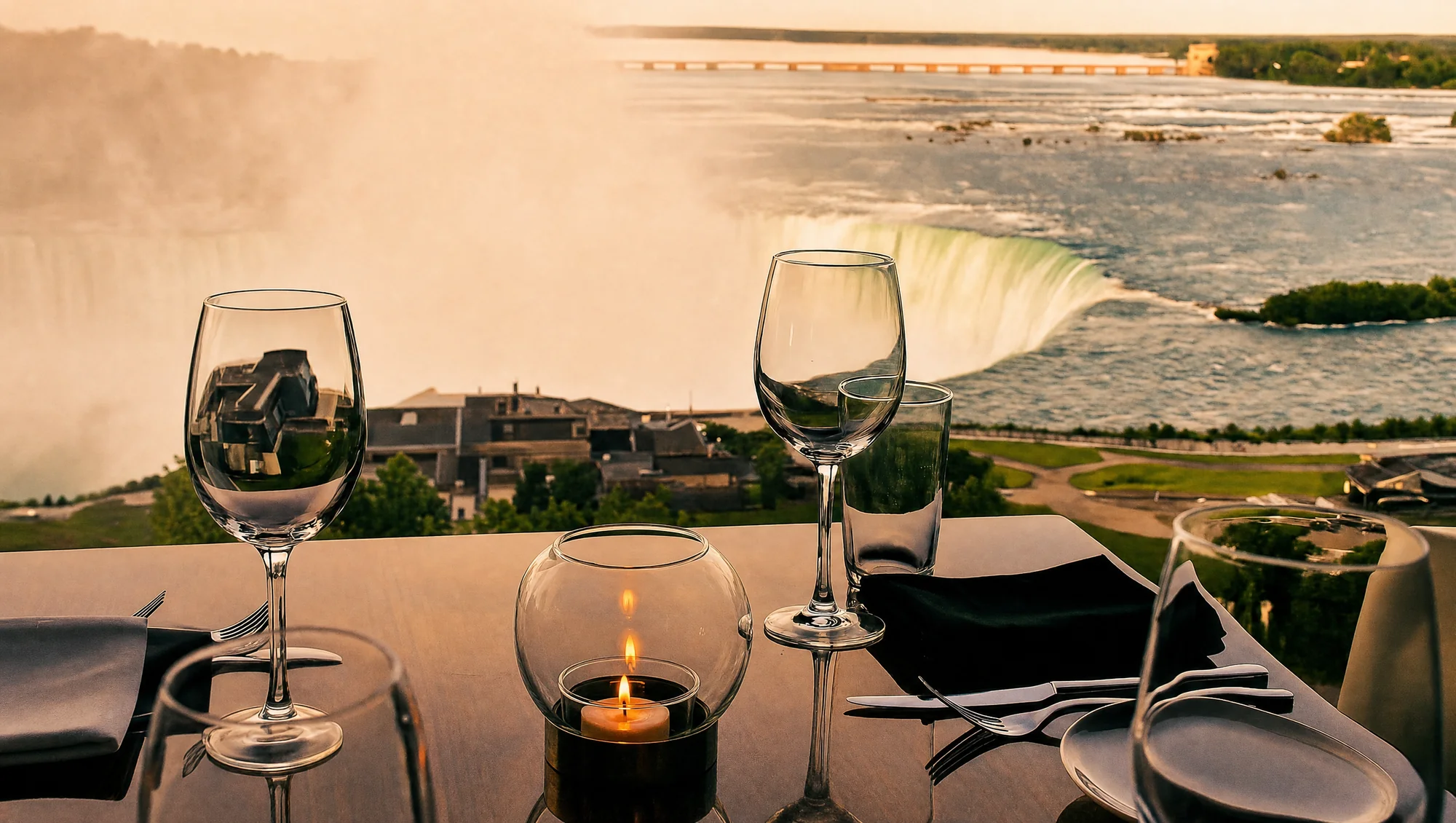 A candlelit window-side table at STK Niagara Falls with wine glasses, dark napkins, and the Horseshoe Falls in golden-hour sunlight beyond