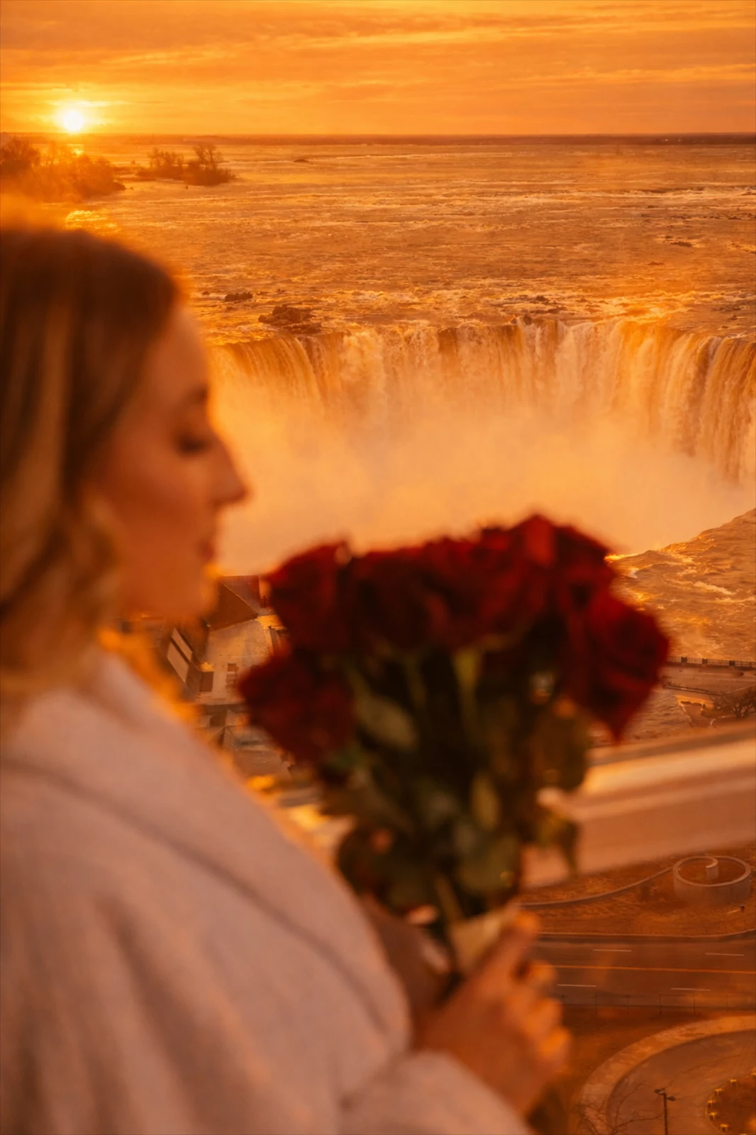 A woman in a white robe holding a bouquet of red roses on a Fallsview balcony as the sun sets in molten orange light over the Horseshoe Falls